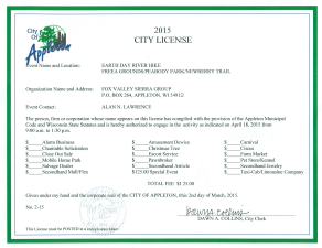 Appleton City License for Fox River Earth Day Hike.  Click for full size image.